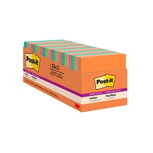 Post-it Super Sticky Notes, 3x3 in, 24 Pads, 2x the Sticking Power,Energy Boost Collection, Bright Colors (Orange, Pink, Blue, Green), Recyclable (654-24SSAU-CP)